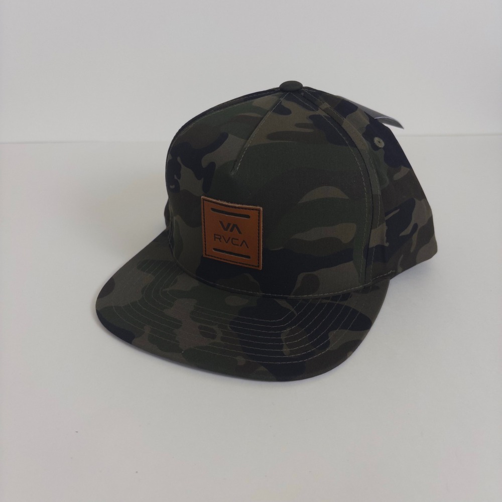 RVCA VA All The Way Snapback Mens Camo Leather Patch Hat AVYHA00463 Camouflage